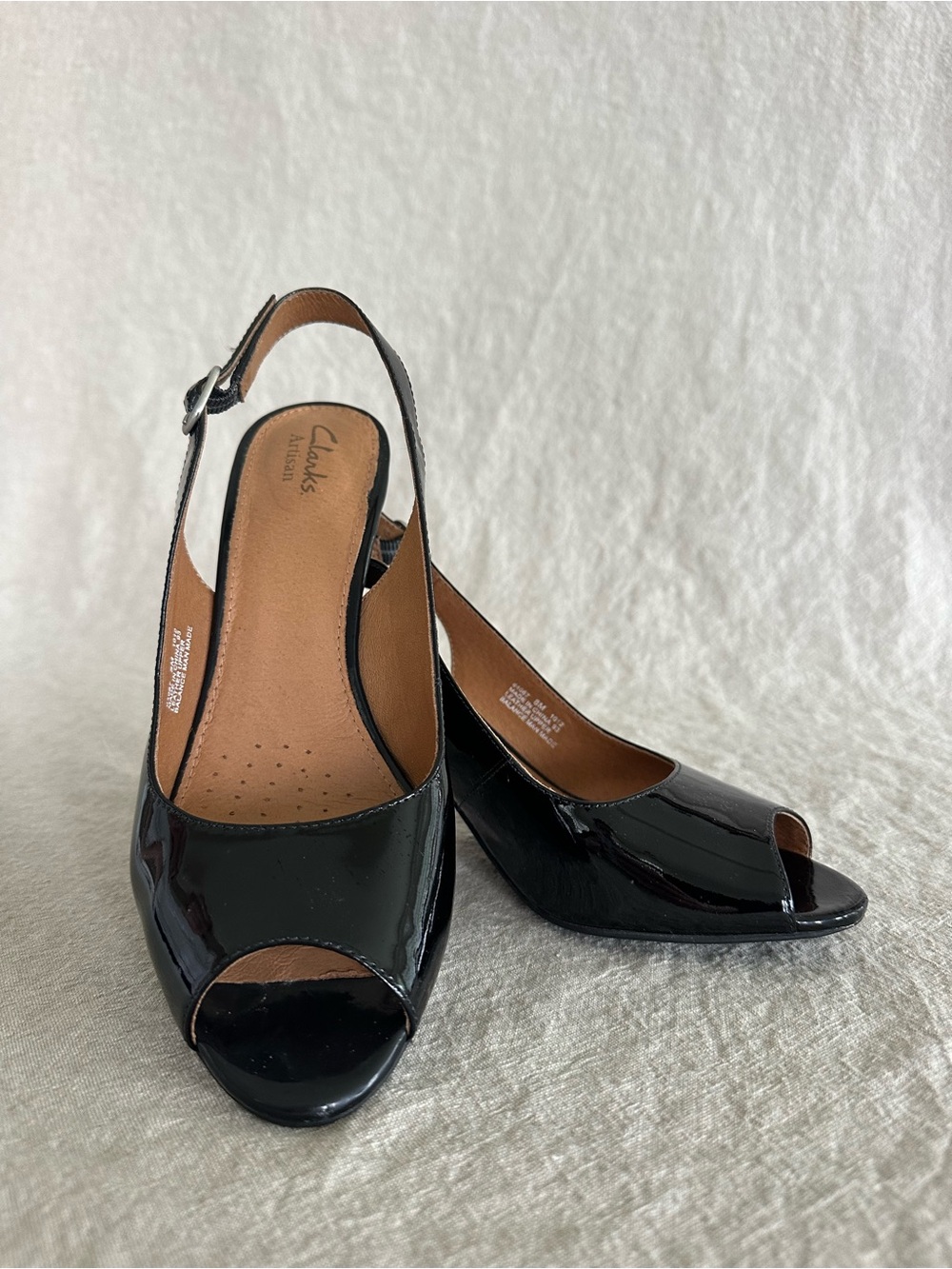 Clarks Black Patent Peep Toe Slingback Heels